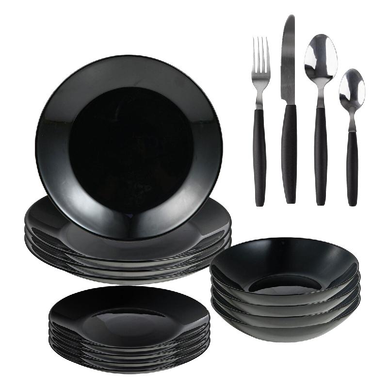San Ignacio - Service de vaisselle 12 pièces noir avec ménagère 16 pièces en acier inoxydable noire - multicolore Verre opale PK9444_0