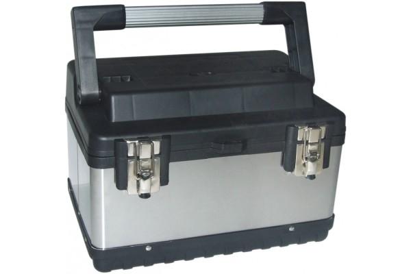 Boîte de rangement renforcée en métal Velleman - acier inoxydable - poignée aluminium - plateau amovible 4 compartiments - 590x280x275 mm_0