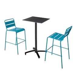 Oviala Business Ensemble table haute stratifié  noir et 2 chaises hautes bleu pacific - bleu métal 110535_0