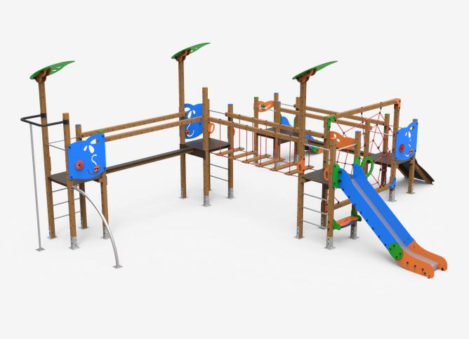 Structure de jeu en bois laminé KLASIK - Définitions stimulantes, panneaux ECOPLAY et filets anti-vandalisme_0