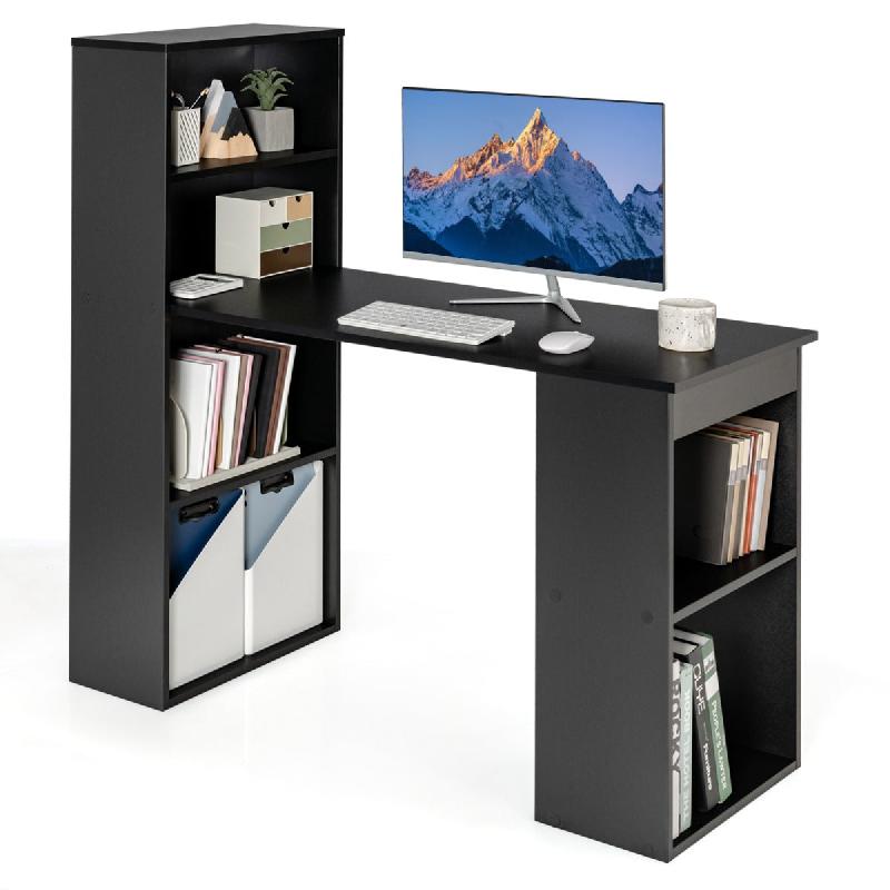 Bureau d'ordinateur réversible avec bibliothèque - Poste de travail moderne avec étagères de rangement à 6 niveaux - Assemblage facile - Noir - Réf. 20_0007988_0