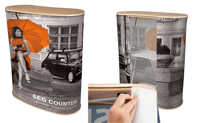 Comptoir tissu SEG - léger, compact et facile à monter avec visuel en tissu et tablette bois clair_0
