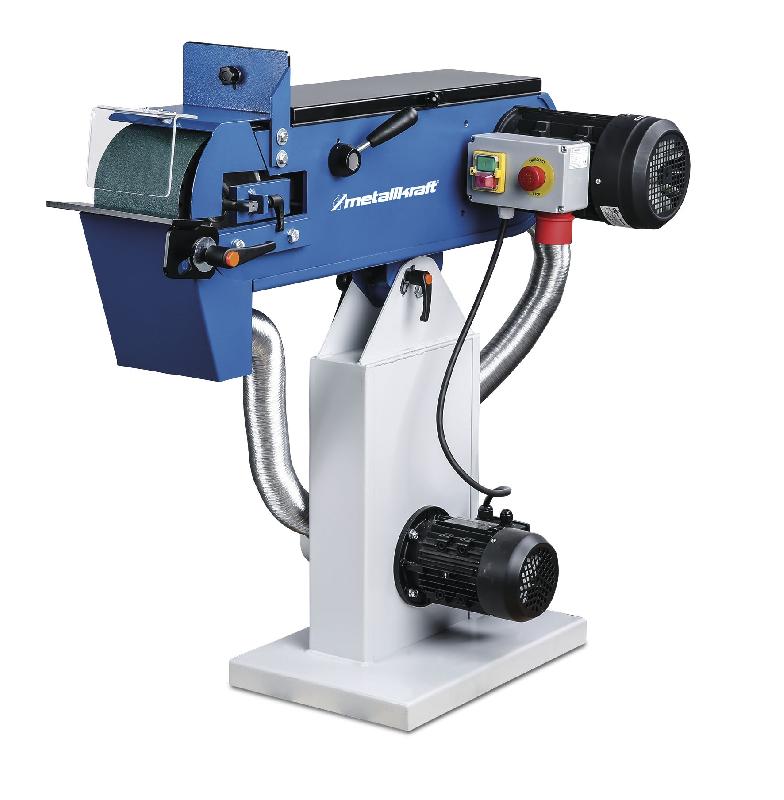 Ponceuse à bande industrielle pour métaux 150x2000 mm 30 m/s 3,6 kW 400V arrêt d'urgence table réglable 10-30° aspiration Metallkraft MBSM150-20 AS_0