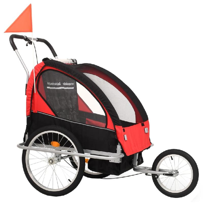 Remorque à vélo et poussette pour enfants 2en1 tissu oxford + cadre en acier rouge et noir 02