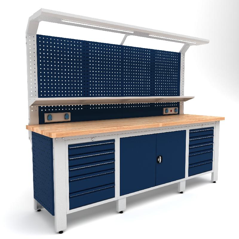 Établi d'atelier industriel 2500 mm PRACO W T31 - Plateau en hêtre massif - Éclairage LED - Tiroirs et armoire MW Tools PRAW2500T31_0