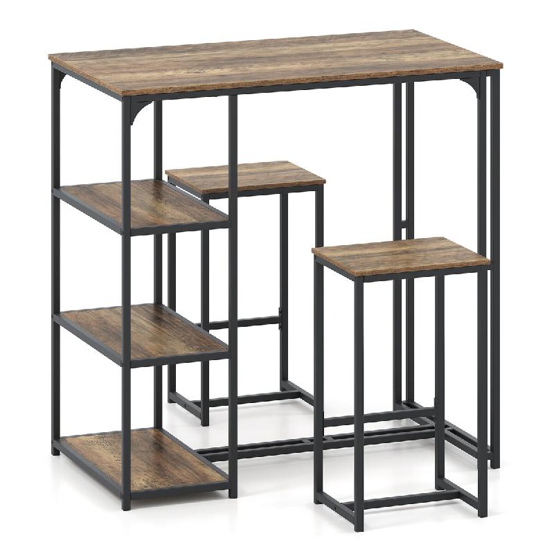 COSTWAY Table de bar avec tabourets, pour 2 personnes Ensemble table de bar avec 3 compartiments de rangement, comptoir de cuisine vintage - marron WO_0