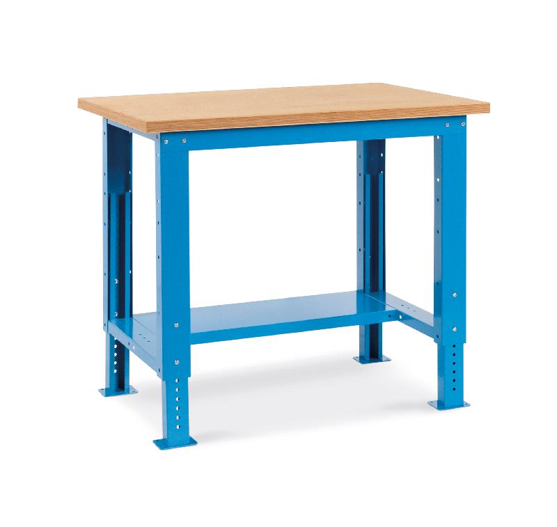 Établi métallique Fortis - plateau bois hêtre 30 mm - charge 1000 kg - pieds réglables - bleu RAL 5012 - L. 1024 mm_0