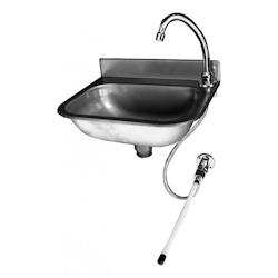 Lave-mains éco inox avec dosseret H. 50 mm - L2G - inox AISI 304 avec bonde, siphon PVC et robinetterie col de cygne_0