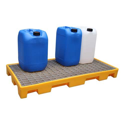 Plateforme basse de rétention 60 litres en PEHD - Jaune - Avec caillebotis galvanisé - Multi-entrées pour fourches_0