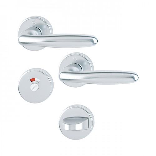 POIGNÉES DE PORTE SUR ROSACES RONDES VERONA -ALUMINIUM FINITION ARGENT - CONDAMNATION AVEC VOYANT HOPPE