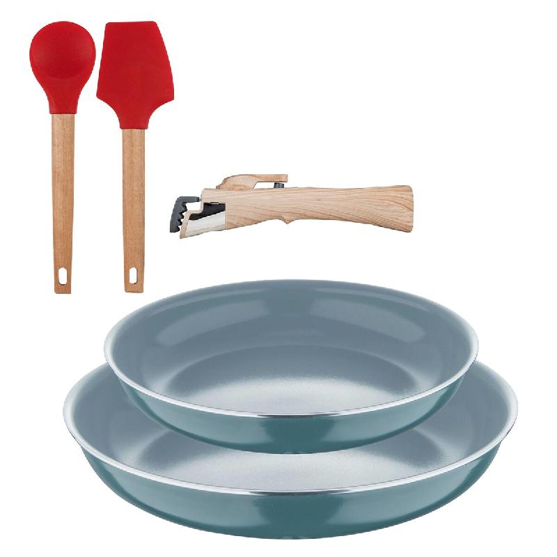 BERGNER - Ensemble 2 poêles Ø22/26cm aluminium embouti vert compatible induction avec poignée amovible et Ensemble 2 ustensiles de cuisine EXCALIBU_0