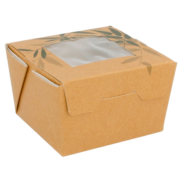 BOÎTE À SALADE AVEC FENÊTRE 300G/M² 8X7.5X5,5CM CARTON MARRON MOTIFS FEUILLES VERTES - LOT DE 50 - FEEL GREEN - AZ BOUTIQUE