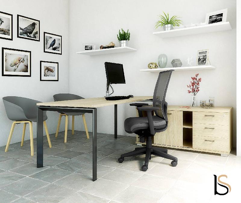 Bureau de direction Star avec crédence - Mobel Linea - Blanc 9010, Acacia clair, Droite_0