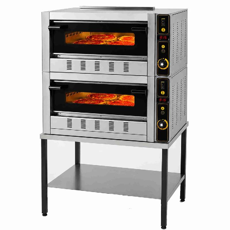 Four à pizza gaz professionnel double pour 8 pizzas de 30 cm avec piètement. Four à pizza avec pierre réfractaire pour pizzerias et CHR. - inox FG4D+B_0