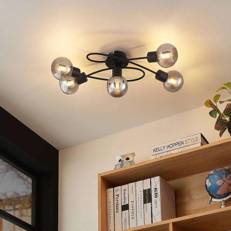 LINDBY PLAFONNIER ELAINA, 66 CM, 5 LAMPES, NOIR/FUMÉE, E14