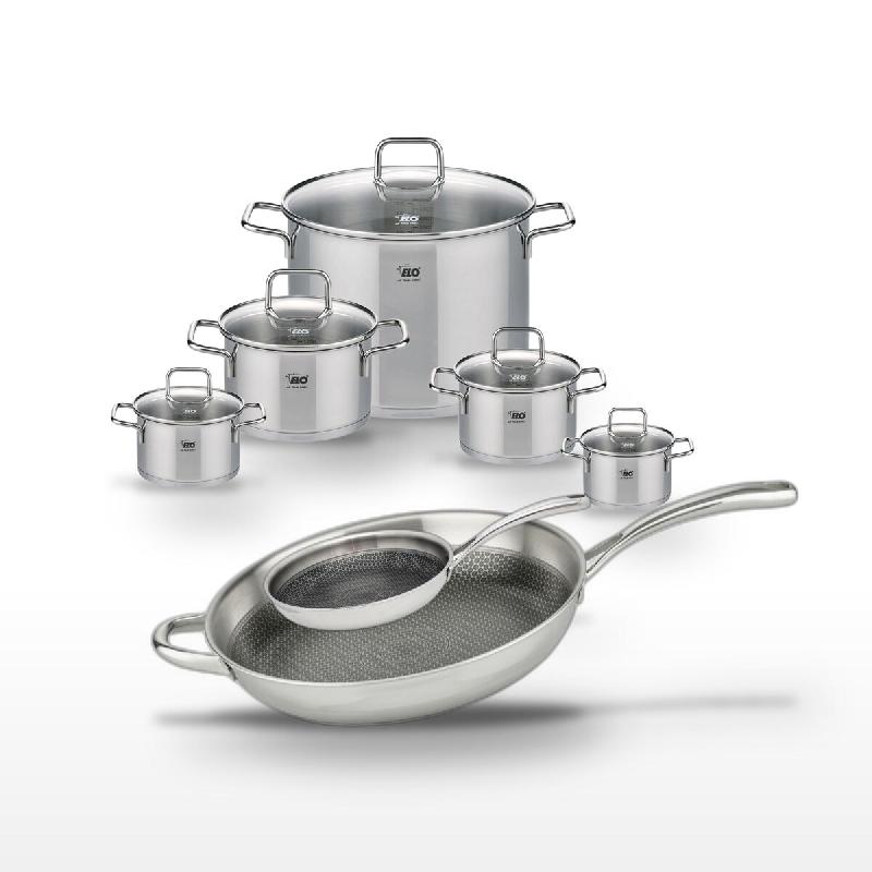 Lot Poêles 24cm & 32cm Elo Relief Evolution avec 5 Faitouts Elo - gris inox 3176239956320_0