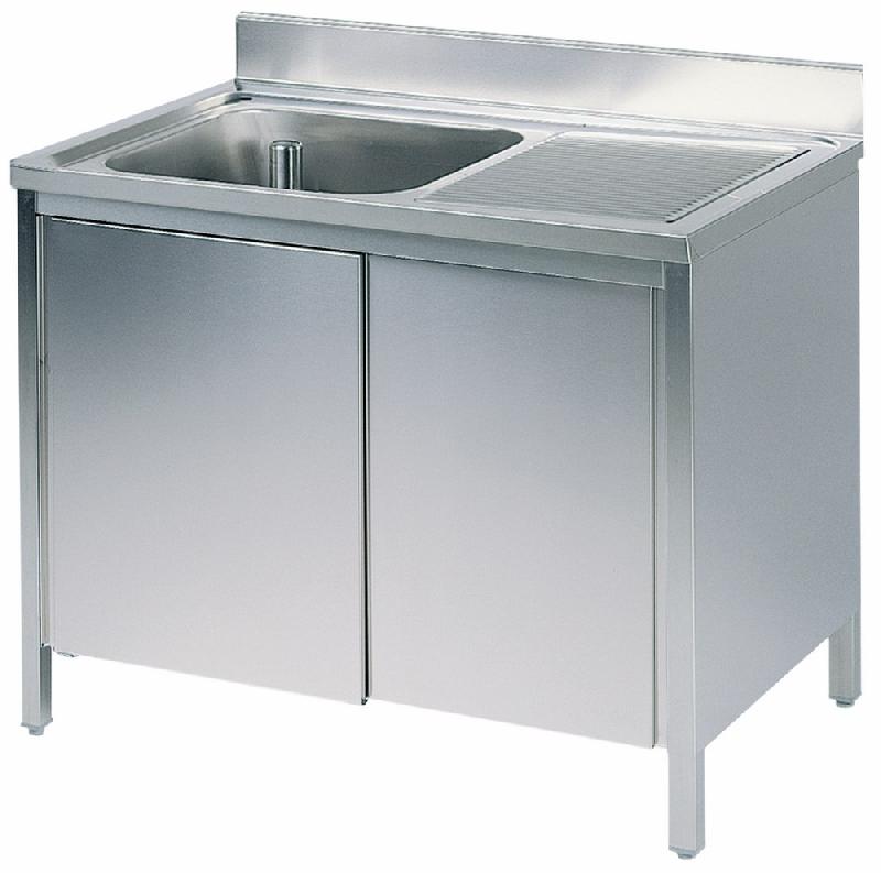 Plonge inox sur armoire, 1 bac, égouttoir à droite, avec portes coulissantes, 1000x600 mm - GLA0019_0