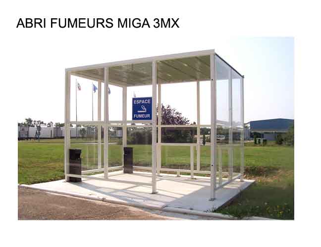 Abri fumeur Miga 3m - Structure aluminium - Bardage verre sécurit - Cendrier - Banc assis-debout - Éclairage - Gouttière_0