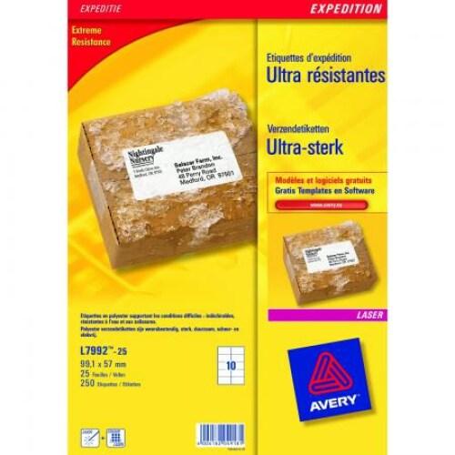 AVERY 250 étiquettes d'expédition ultra résistantes, blanches, format 99,1 x 57 mm (25 feuilles A4 / cdt) - 4004182049181_0