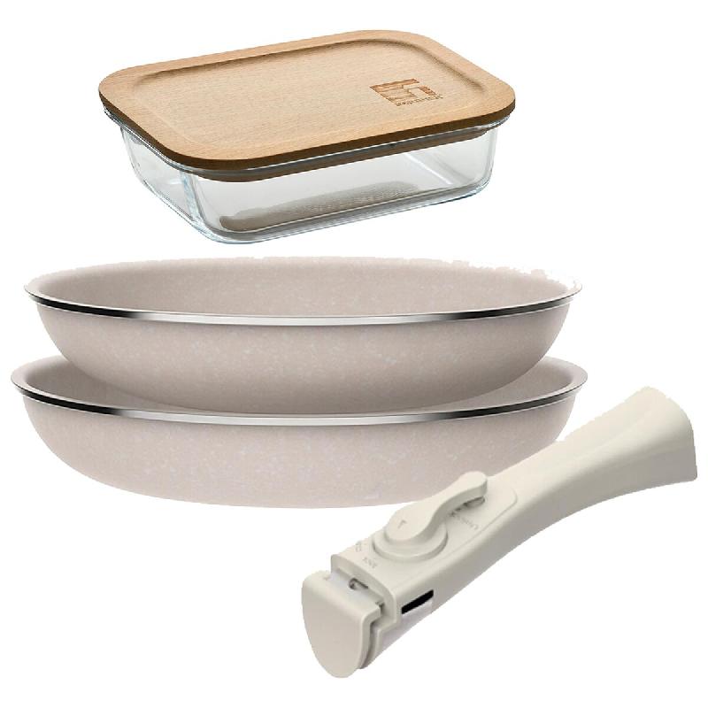 BERGNER - Jeu de 2 Poêles Ø24/28 cm en Aluminium Pressé Antiadhésif avec Manche Amovible avec Récipient Hermétique de 650 ml en Verre Borosilica_0