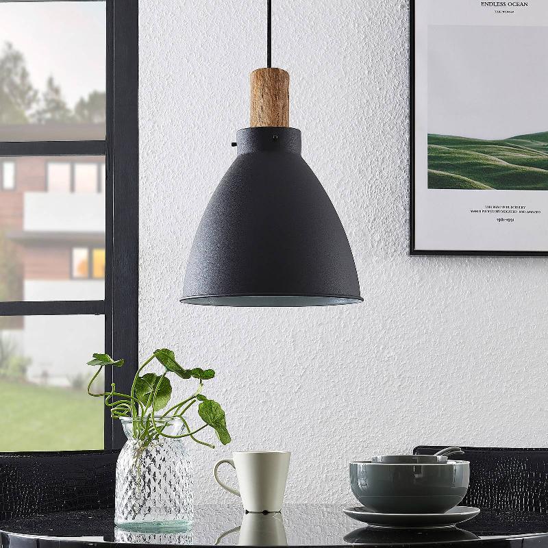 SUSPENSION LINDBY TREBALE, E27, Ø 28 CM, NOIR, BOIS