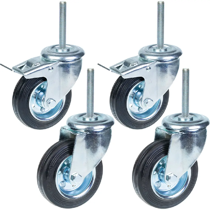 Roulettes pivotantes et freinées de 100mm en caoutchouc à trou de boulon, montage par boulon 75kg (lot de 4)_0