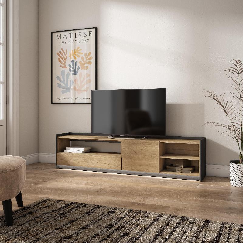 SKRAUT HOME - MEUBLE TV EFFET BOIS DE CHÊNE ET NOIR 207X37X50CM AVEC LED