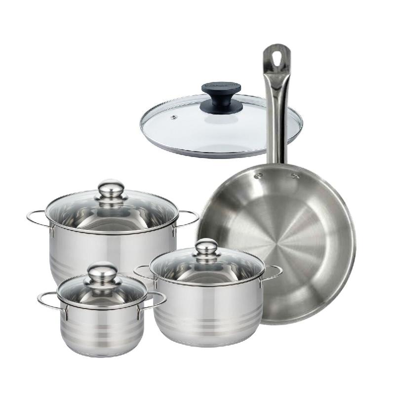 Batterie de cuisine avec 1 poêle 28 cm et 3 faitouts 20/24/16 cm sans PFAS Fackelmann Eterna Brillant avec couvercles - gris inox 3176239935158_0