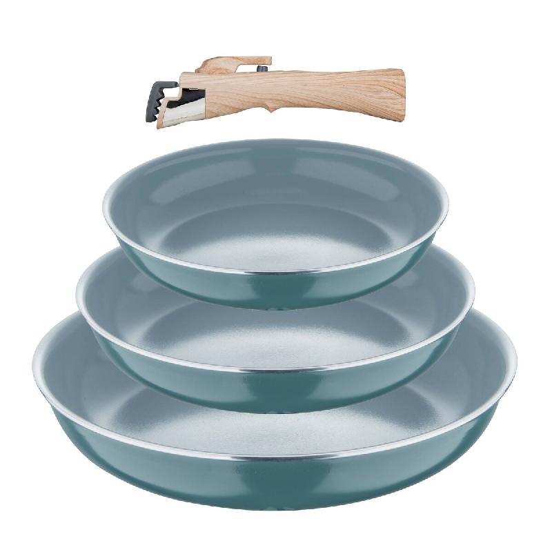 BERGNER Click&Cook - Ensemble de 3 poêles Ø18/Ø20/Ø24 cm en aluminium embouti recyclé vert avec poignée amovible - Q4956_0