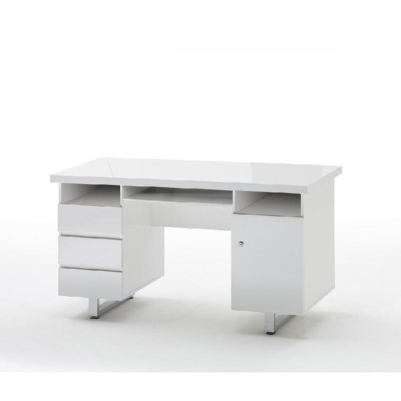 Bureau Altona - finition laquée blanc brillant, 3 tiroirs, 1 porte, 3 niches, plateau verre sécurit, piétement métal chromé_0