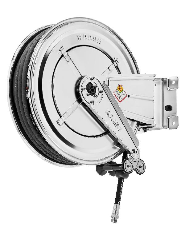 Enrouleur d'eau chaude 25 m Ø 3/8 200 bars Inox 304 avec enroulement automatique et support mural pivotant Raasm RA.8522.302_0