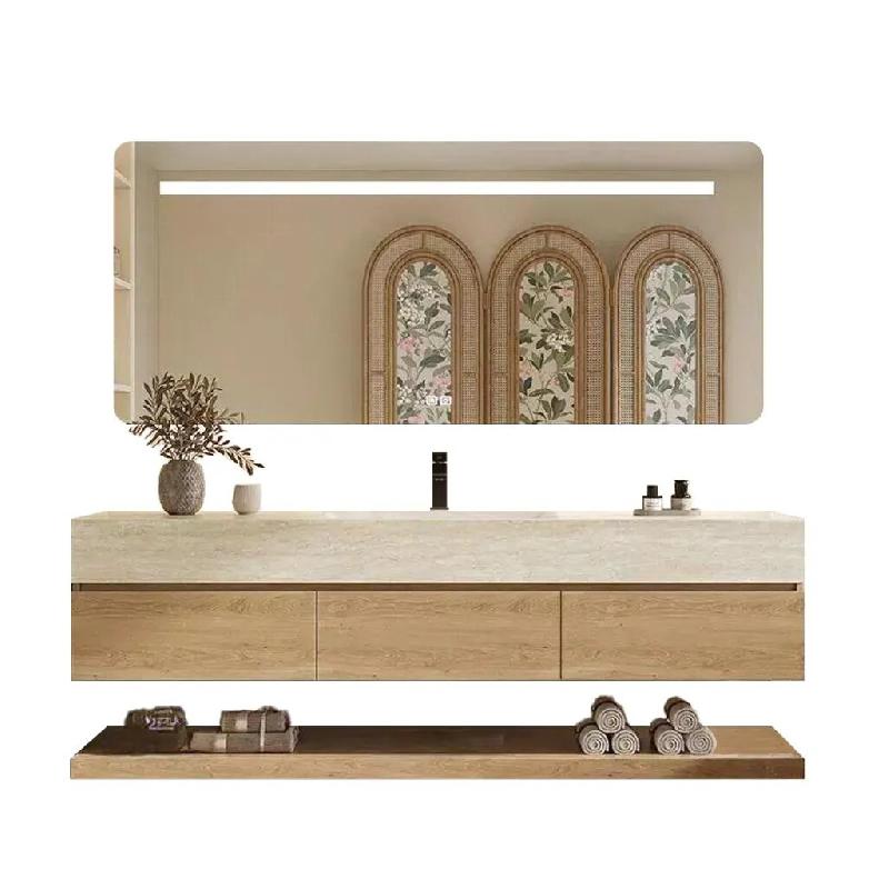 Ensemble lavabo suspendu - Pierre frittée effet travertin, avec miroir, meuble, étagère et bonde, trou robinet 100×55 cm【YT9865-100 K】 - 8850297339473_0