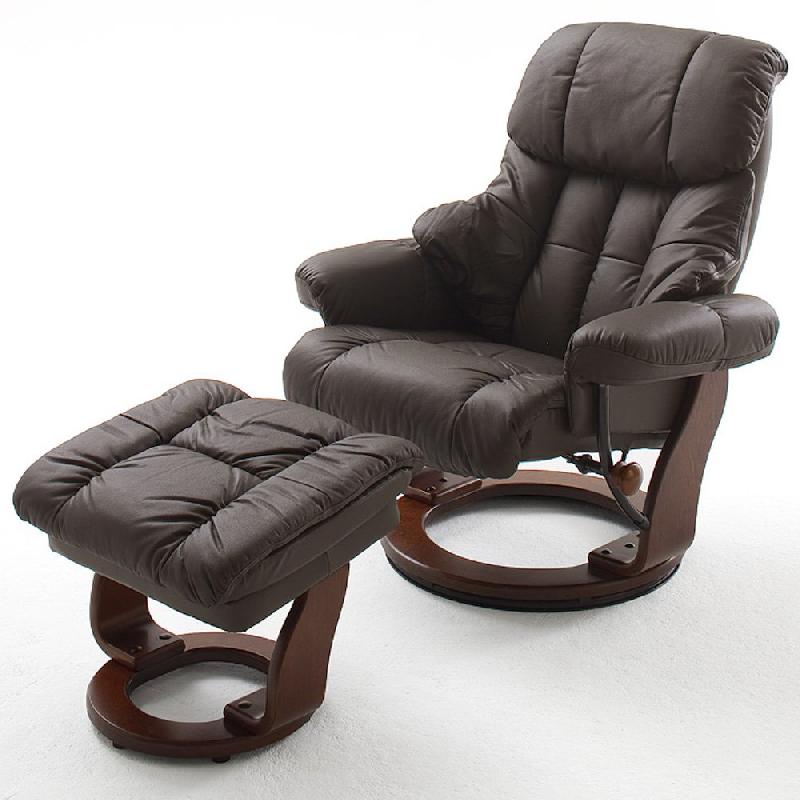 FAUTEUIL RELAX CLAIRAC ASSISE EN CUIR MARRON PIED EN BOIS NOYER AVEC REPOSE PIED_0