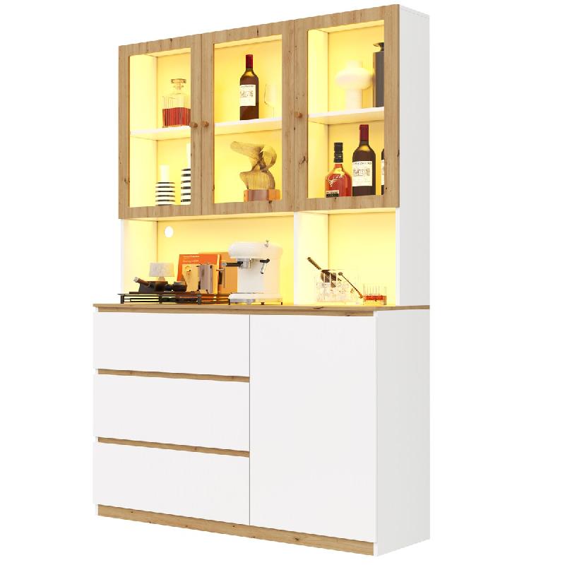 Merax Colonne de cuisine LED 120 x 40 x 200 cm, vitrine avec plan de travail, tiroirs et façade vitrée, blanc/chêne - multicolore multi-matériau N_0