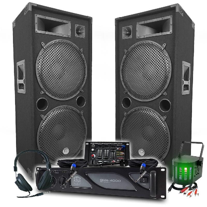 Pack Sono DJ BM SONIC Ampli 4000W, Paire d'Enceintes LSC215 2x2000W, Table de Mixage, Jeu de lumière, Casque DJ, Câbles, Micro - 3666638036797_0