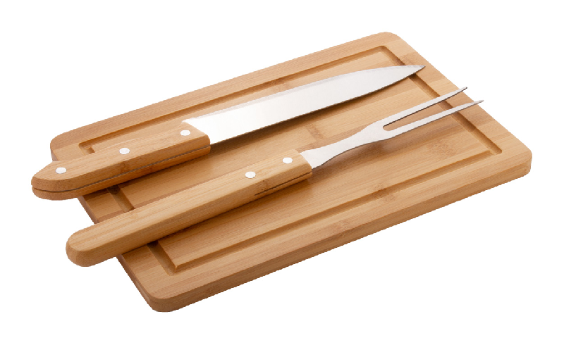 Set pour découper la viande - planche en bambou, fourchette et couteau en acier inoxydable_0