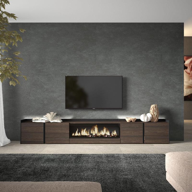 SKRAUT HOME - MEUBLE TV EFFET BOIS DE CHÊNE ET NOIR 315X35X50CM CHEMINÉE EFFET FEU