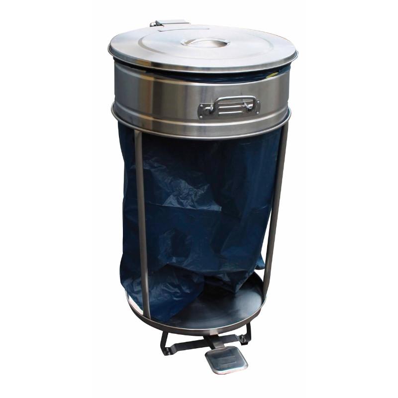 Support roulant pour sacs poubelles tout inox - 110L - avec pédale et couvercle démontable_0