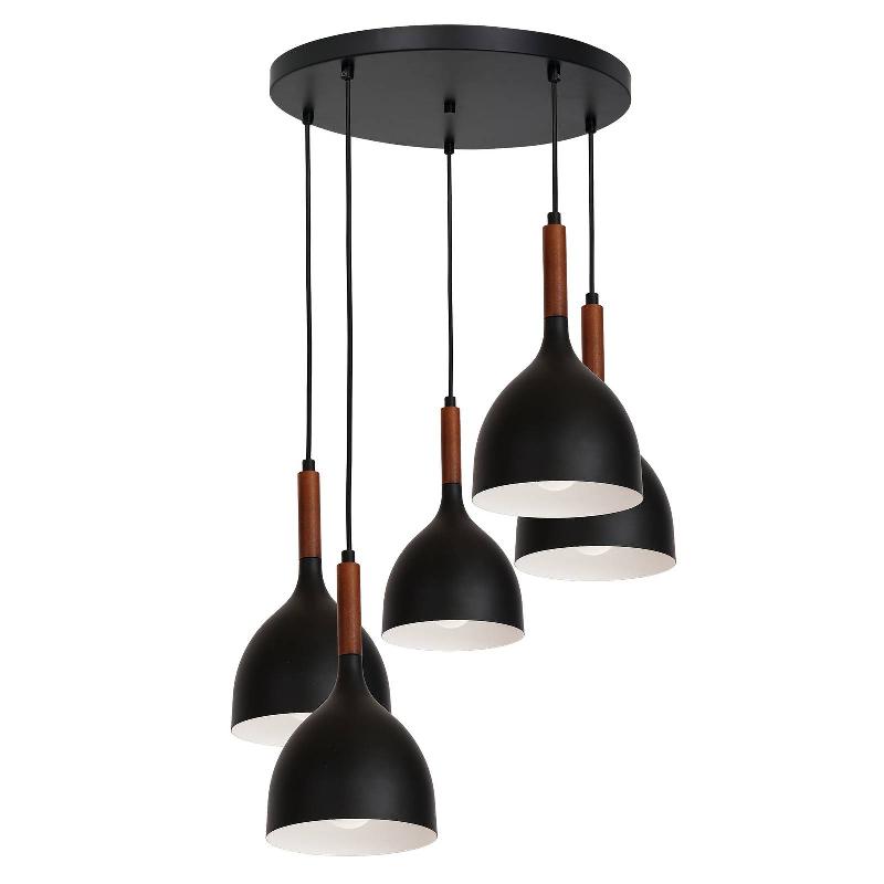 EULUNA SUSPENSION NOAK 5 LAMPES RONDE NOIR/BOIS NATUREL