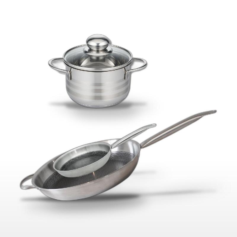 Batterie de cuisine avec 2 poêles 24/32 cm et 1 faitout 14 cm en inox sans PFAS Elo Collection Relief Solution Brillant - gris 3176239940909_0