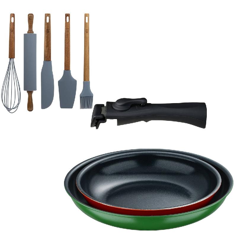 BERGNER - Jeu de 2 poêles Ø22/26 cm en aluminium embouti avec poignée amovible avec jeu de 5 ustensiles de cuisine en silicone et bois d’acacia -_0