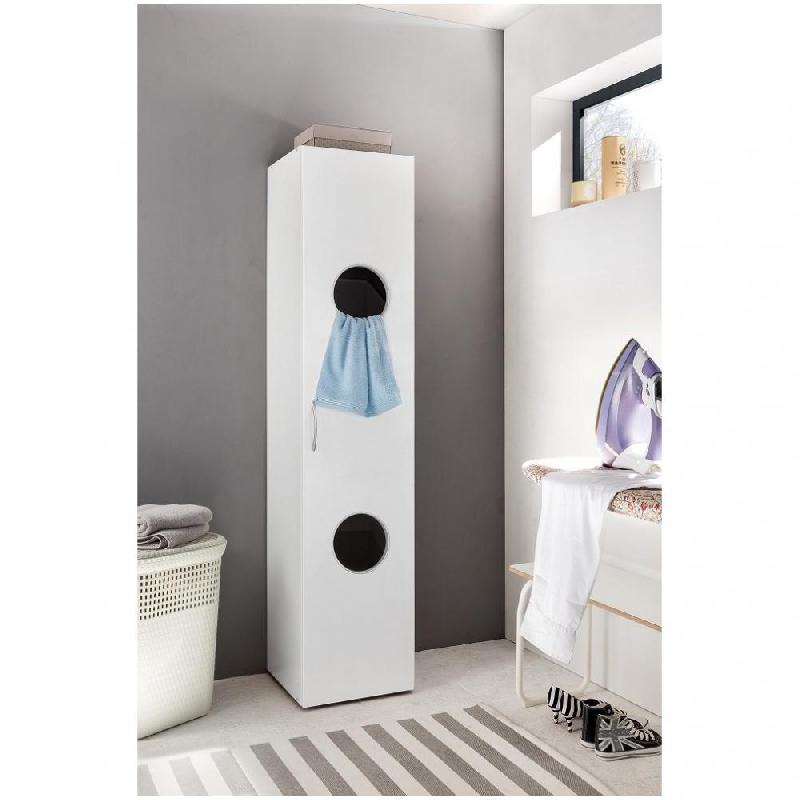 Colonne de rangement linge LUND - 1 porte - Blanc mat - L40 x H185 x P40 cm - Avec 2 paniers à linge et 2 étagères_0