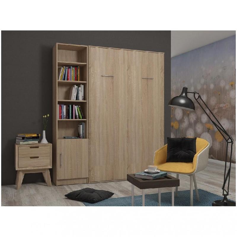 Composition armoire lit escamotable SMART-V2 - chêne naturel - couchage 140 x 200 cm avec bibliothèque intégrée_0