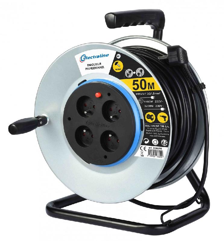 Enrouleur de câble électrique bricolage ELECTRALINE avec terre - longueur 50 m - HO5VVF 3G1.5 - 4 prises - tambour métal_0