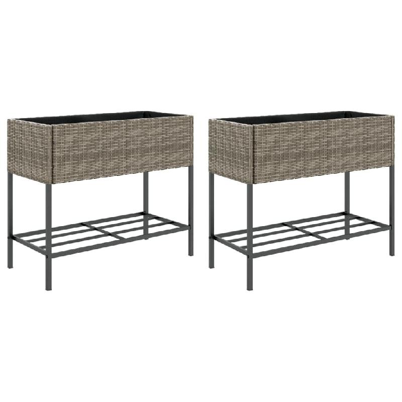 Helloshop26 - Jardinière bac lit surélevé plantes fleurs jardin terrasses avec étagère lot de 2 90 x 40 x 75 cm résine tressée gris 02_0038881_0