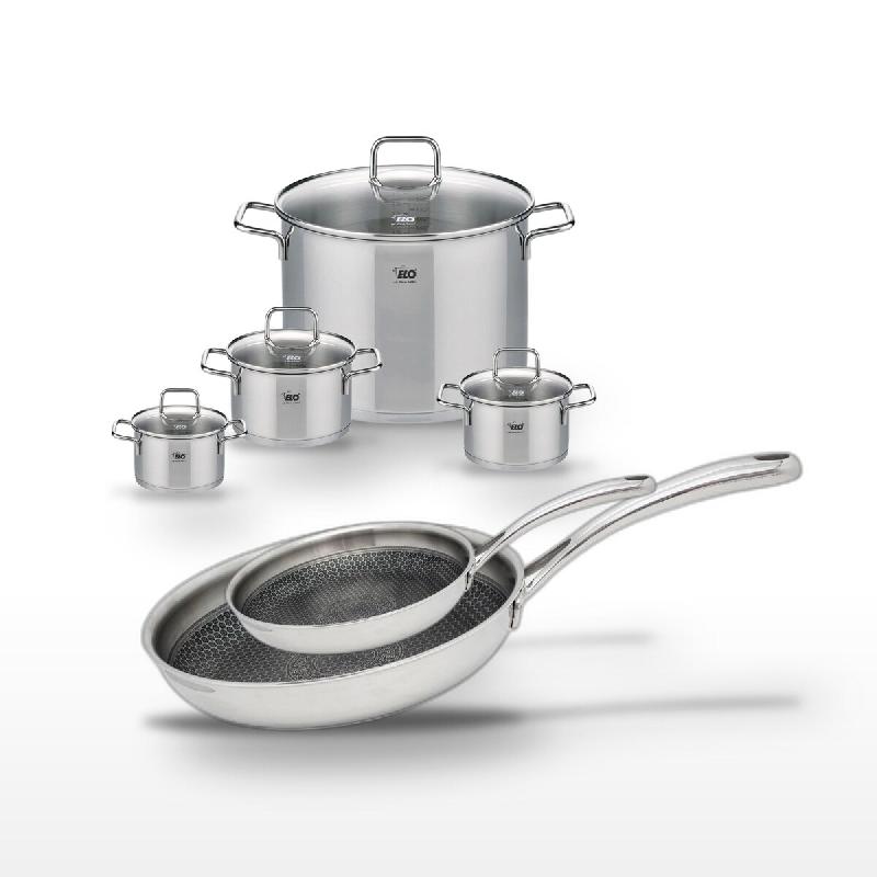 Lot Poêles 24cm & 28cm Elo Relief Evolution et 4 Faitouts Elo - gris inox 3176239958263_0