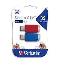 PACK DE 2 CLÉS USB 3.0 RÉTRACTABLES 32GO STORE 'N' CLICK ROUGE/BLEU 49308 - LOT DE 2