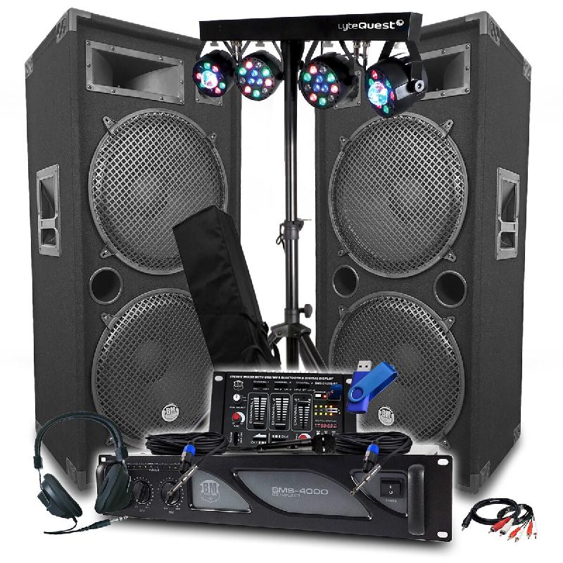 Pack Sono BM SONIC Ampli 4000W, Paire d'Enceintes LSC215 2x2000W, Table de Mixage Bluetooth, Portiques 8 Lumières LED+Clé 32G - 3666638036285_0