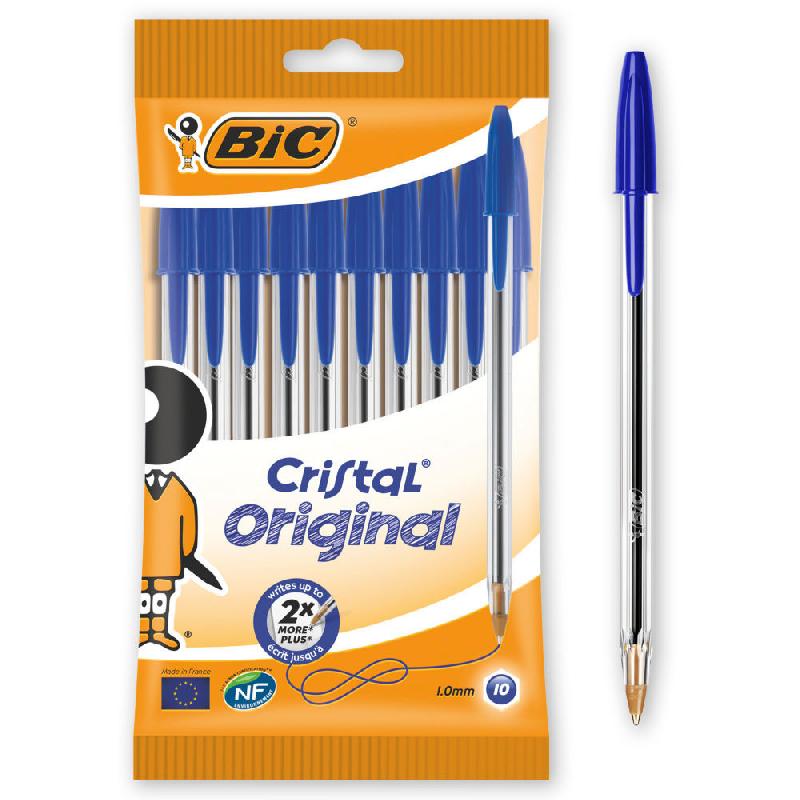 STYLO BILLE A CAPUCHON BIC CRISTAL ORIGINAL - POINTE MOYENNE - 1 MM - BLEU - LOT DE 10