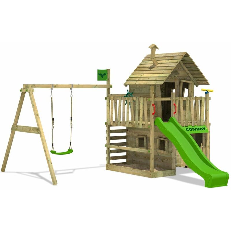 AIRE DE JEUX BOIS FATMOOSE COUNTRYCOW MAXI XXL AIRE DE JEUX POUR JARDIN AVEC BALANÇOIRE ET TOBOGGAN VERT